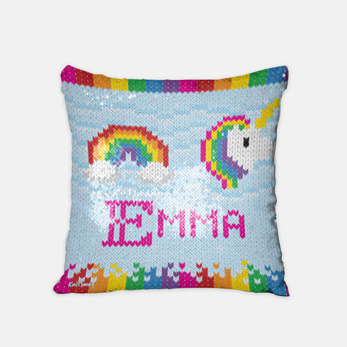 Personalized Unicorns and Rainbows Sequined Pillow, Cute Knitting Gift for Friend, Gift for Little Girl, Daughter Gift, Knitter Gift